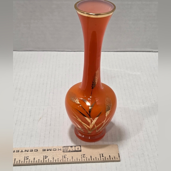 Vintage Orange Glass Bud Vase Gold Wheat Design - Picture 8 of 8